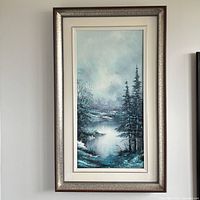 Full view of framed acrylic painting showing artwork and frame condition