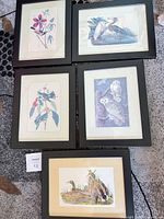 Group shot showing five of the framed prints with black frames and cream mats