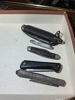 All five folding knives laid out in tray