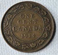 Reverse of 1914 Canada one cent bronze coin showing ONE CENT CANADA inscription and maple leaf wreath