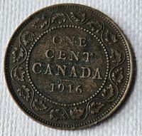 Reverse of 1916 Canadian one cent coin showing denomination and date