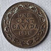 Reverse showing ONE CENT CANADA 1918 with maple leaf wreath