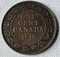 Reverse of 1919 Canada one cent showing legend and date