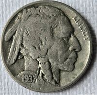 Obverse of 1937-D Buffalo nickel showing Indian Head design and date