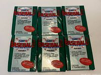 Front view of six sealed 1992 Fleer Baseball trading card packs