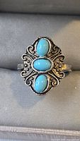 Front view of ornate silver-tone ring with three turquoise cabochons
