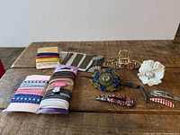 Overview of all hair adornments on table