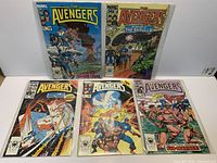 Group shot of all five bagged Avengers comics