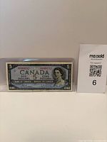 Front view of Canadian $5 note in plastic sleeve