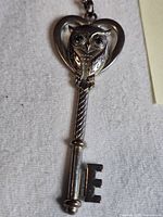 Close-up of owl skeleton key pendant