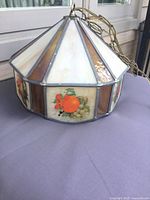 Oblique exterior view of stained glass shade with fruit panels and chain