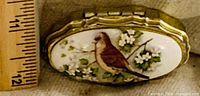 Closed pill box next to ruler showing size, bird motif lid