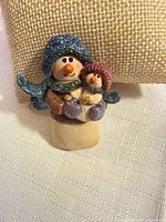 Front view of snowman brooch showing colours and design