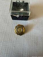 Front view showing gold-tone pin with blue enamel text and central portrait