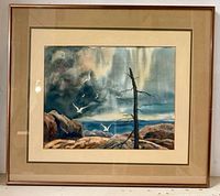 Framed watercolor painting showing full view with mat and frame