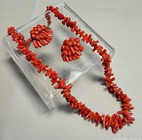 Necklace and earrings displayed together on clear stand