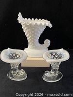 Overall view of both Fenton hobnail cornucopia vases