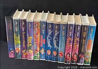 All fourteen Disney Black Diamond VHS tapes standing spine-out on black backdrop