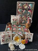 Overall lot with boxed balls, Merry Minis packs, novelty ornaments and crochet pieces