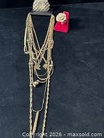 All items grouped on black background showing necklaces, ring on holder, display stand