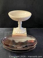 milk glass compote and two amethyst dishes, full lot view