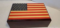 Closed box showing American flag inlay on lid