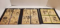 Three black cardstock sheets each holding four sepia newspaper baseball clippings