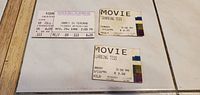 Front view of all three ticket stubs showing film titles, dates, prices and seating