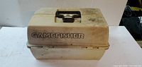 Closed tan Gamefisher tackle box front view