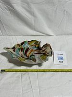 Angled side view showing overall shape, colour pattern and tape measure for scale