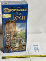 Front of sealed Carcassonne La Tour expansion box with ruler for scale and lot tag visible