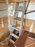 Full view of aluminum ladder leaning against wall