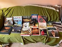 All books spread on green sofa showing covers