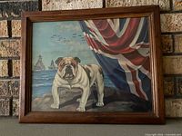 Framed British wartime propaganda print featuring bulldog, flag, ships and planes