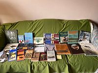 All books laid out on a sofa showing covers and titles for identification