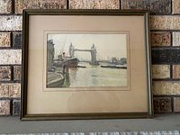 Front view of framed Tower Bridge print showing image, mat and frame