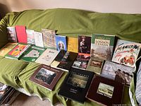 All books laid out on couch showing front covers