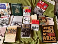 All books arranged on sofa showing covers for title identification