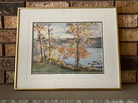 Front view of framed watercolour showing artwork, matting and gold frame
