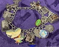 Full view of charm bracelet laid flat showing majority of charms