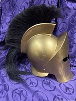 Left side profile showing gold finish, cheek plate, full black crest