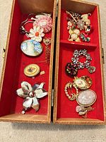 Entire open wooden box showing all brooches and pins
