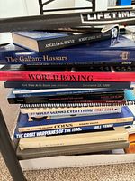 Stack of assorted reference books on shelf