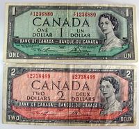 Fronts of both 1954 series banknotes showing serial numbers and portrait