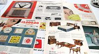 Multiple ad inserts displayed, showing clocks, radio and furniture ads
