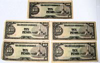 Fronts of five 10-peso WWII Japanese occupation notes displayed side-by-side