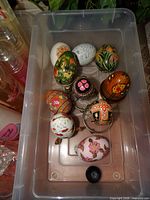 Top view showing all eggs and holders in bin