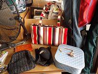 Overview showing Tommy Hilfiger tote, wallet, sequin bag, black pouch, blue quilted case