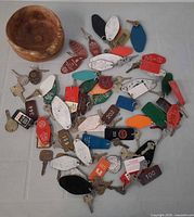All key tags, keys and wood bowl laid out