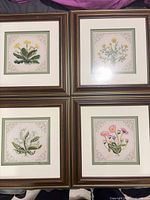 Group view of all four framed needlepoints